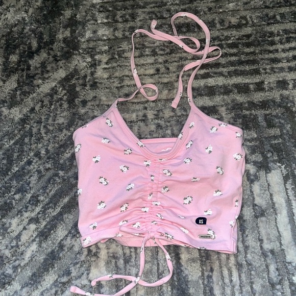 Tops - Pink Floral Ruched Halter Top
